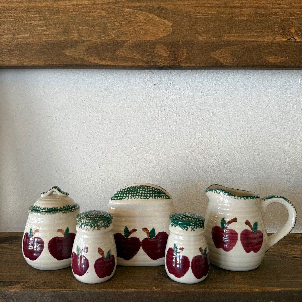 5pc Vintage Alco Industries Apple Harvest Ceramic Kitchen Set Spongeware Farm